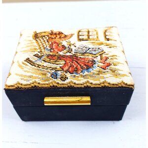 Vintage Needlepoint Tapestry Jewelry Trinket Box Red Lined Cottage Lady
